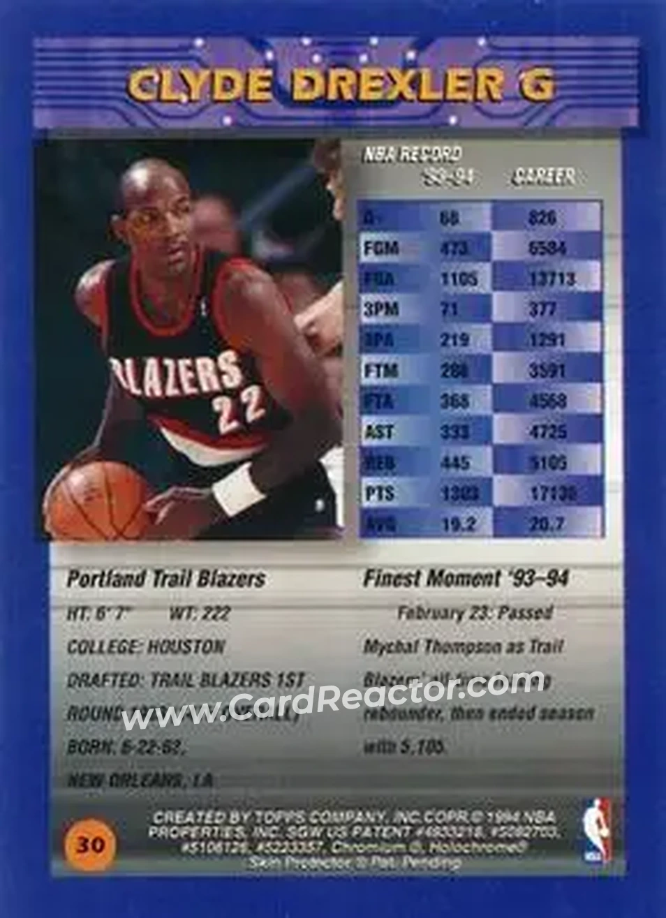 1994-95 Finest - Refractors #30 - Clyde Drexler - Portland Trail Blazers - Back 1994-95 Finest - Refractors #30 - Clyde Drexler - Portland Trail Blazers - Back