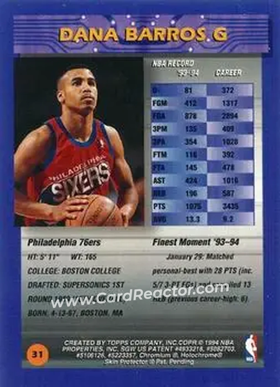 1994-95 Finest - Refractors #31 - Dana Barros - Philadelphia 76ers - Back