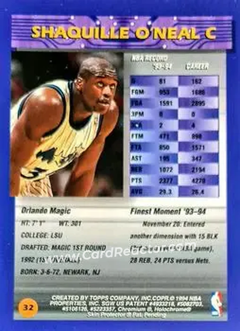 1994-95 Finest - Refractors #32 - Shaquille O'Neal - Orlando Magic - Back 1994-95 Finest - Refractors #32 - Shaquille O'Neal - Orlando Magic - Back