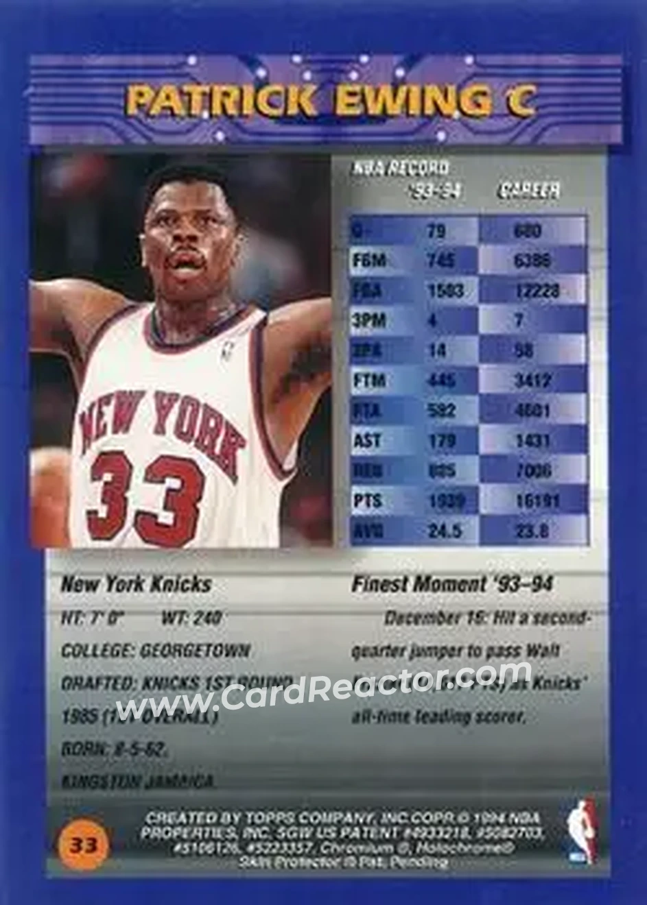 1994-95 Finest - Refractors #33 - Patrick Ewing - New York Knicks - Back