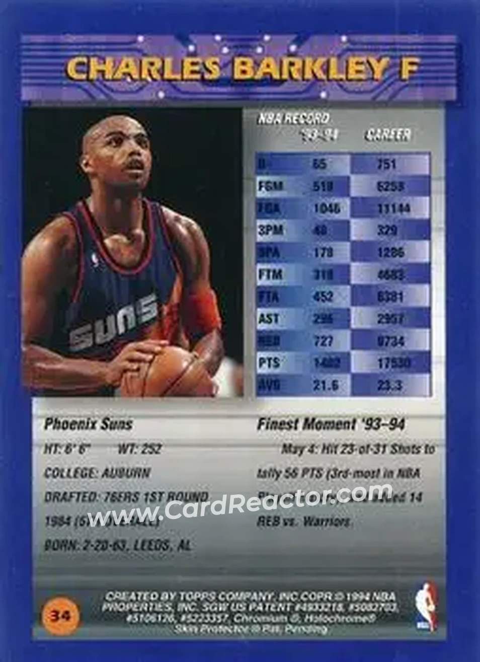 1994-95 Finest - Refractors #34 - Charles Barkley - Phoenix Suns - Back 1994-95 Finest - Refractors #34 - Charles Barkley - Phoenix Suns - Back