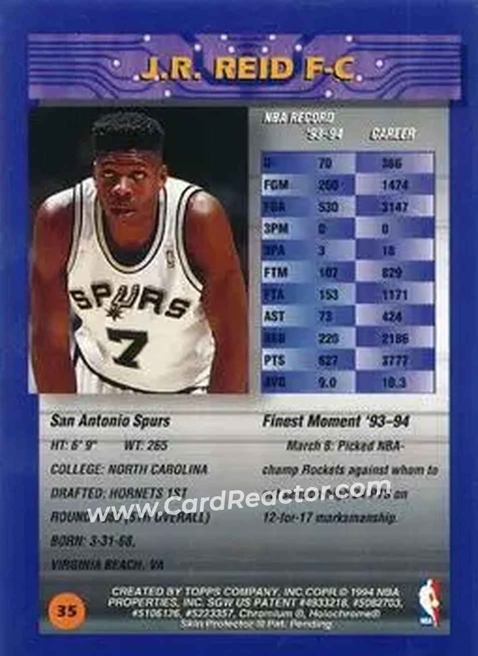 1994-95 Finest - Refractors #35 - J.R. Reid - San Antonio Spurs - Back