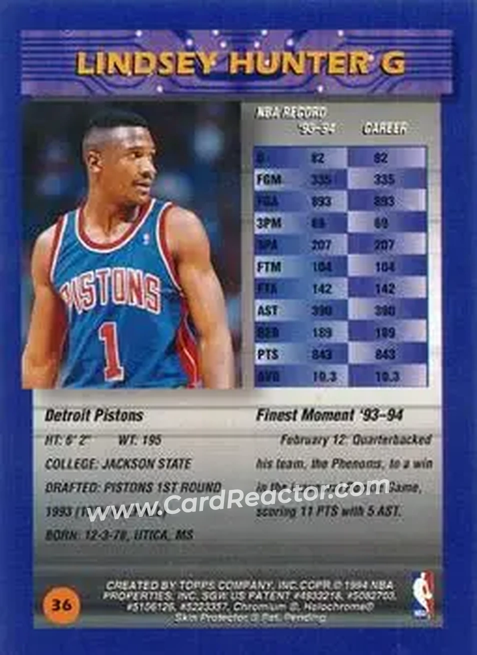 1994-95 Finest - Refractors #36 - Lindsey Hunter - Detroit Pistons - Back 1994-95 Finest - Refractors #36 - Lindsey Hunter - Detroit Pistons - Back