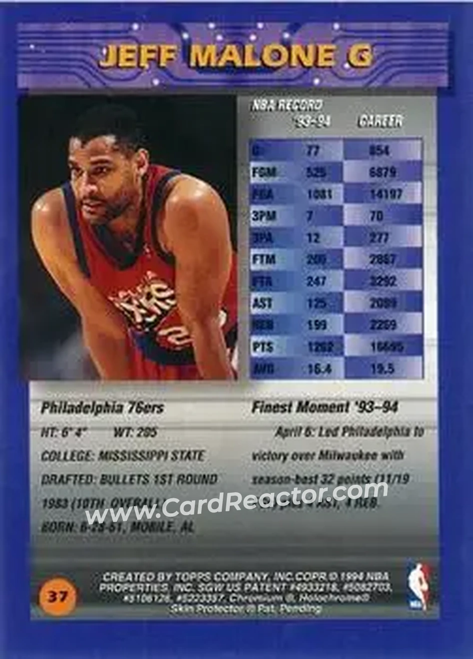 1994-95 Finest - Refractors #37 - Jeff Malone - Philadelphia 76ers - Back 1994-95 Finest - Refractors #37 - Jeff Malone - Philadelphia 76ers - Back