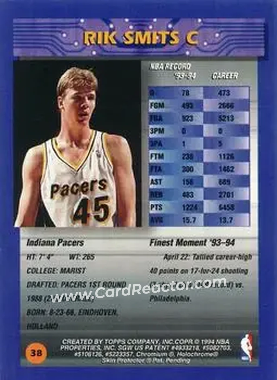 1994-95 Finest - Refractors #38 - Rik Smits - Indiana Pacers - Back 1994-95 Finest - Refractors #38 - Rik Smits - Indiana Pacers - Back
