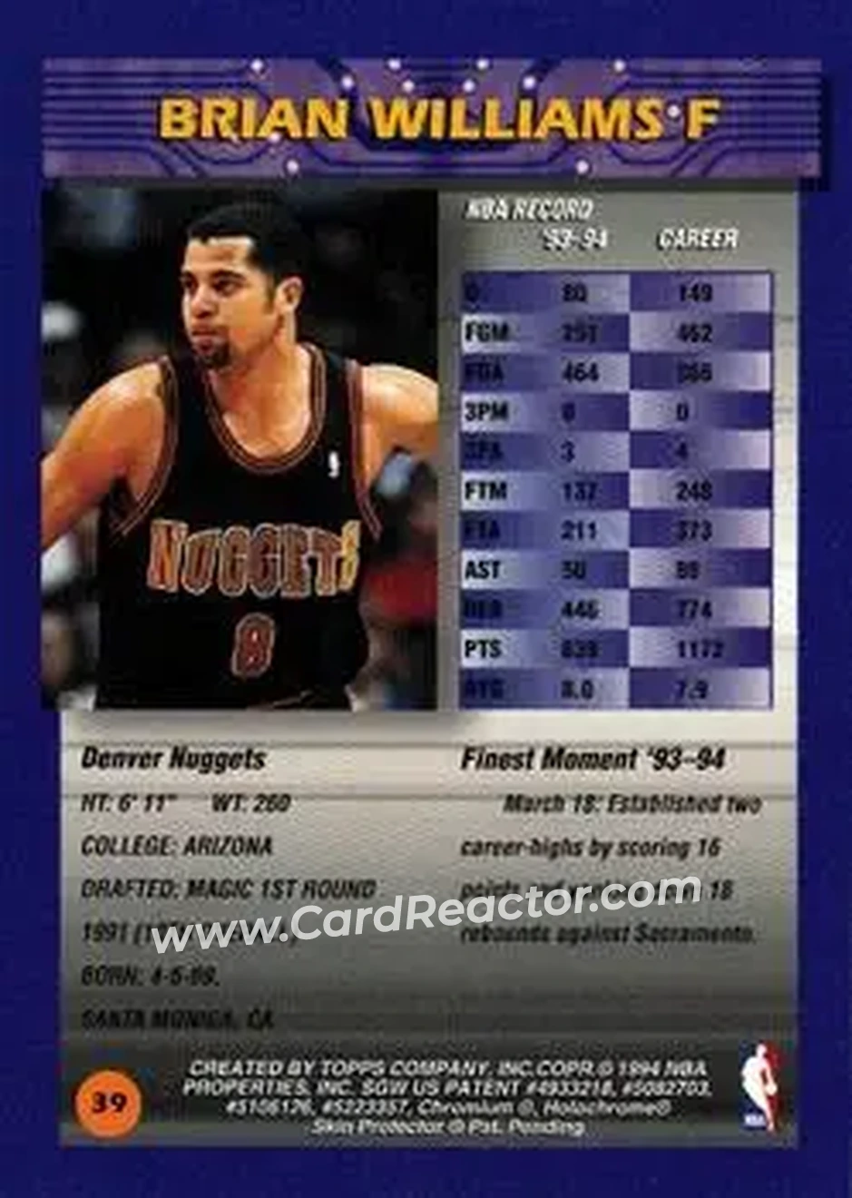 1994-95 Finest - Refractors #39 - Bison Dele - Denver Nuggets - Back