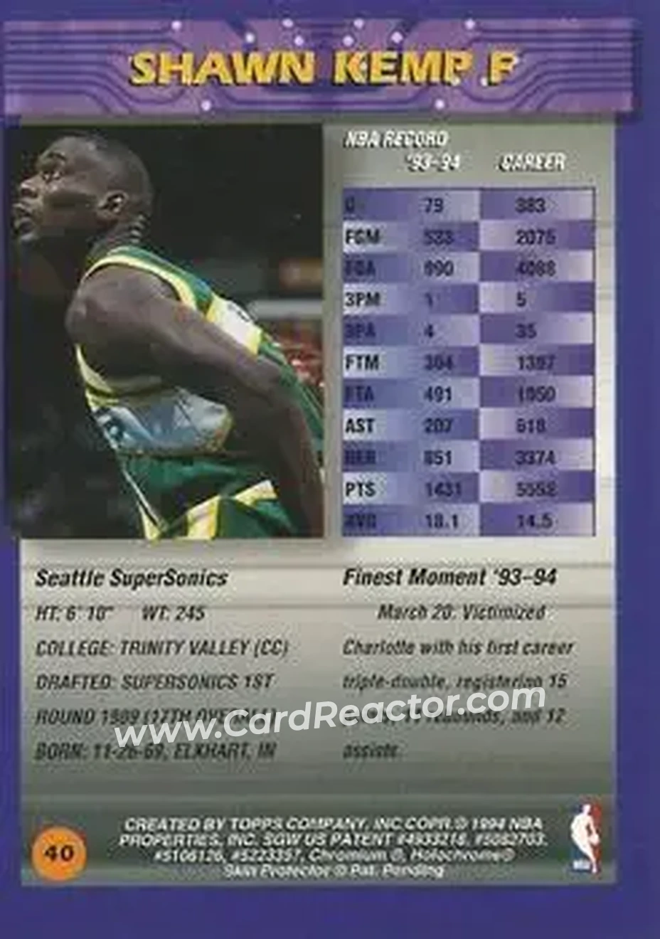 1994-95 Finest - Refractors #40 - Shawn Kemp - Seattle SuperSonics - Back
