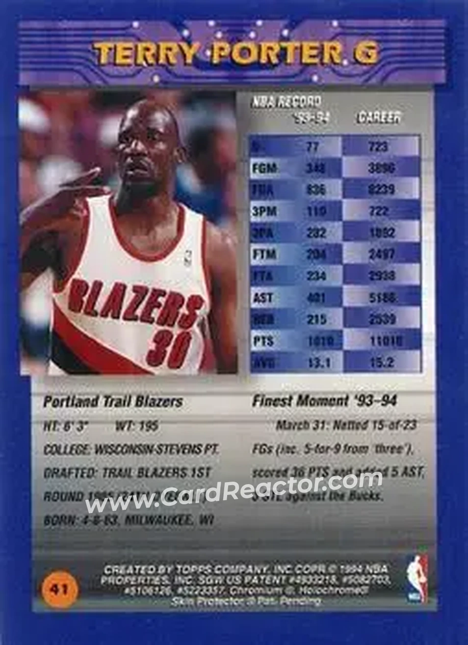 1994-95 Finest - Refractors #41 - Terry Porter - Portland Trail Blazers - Back