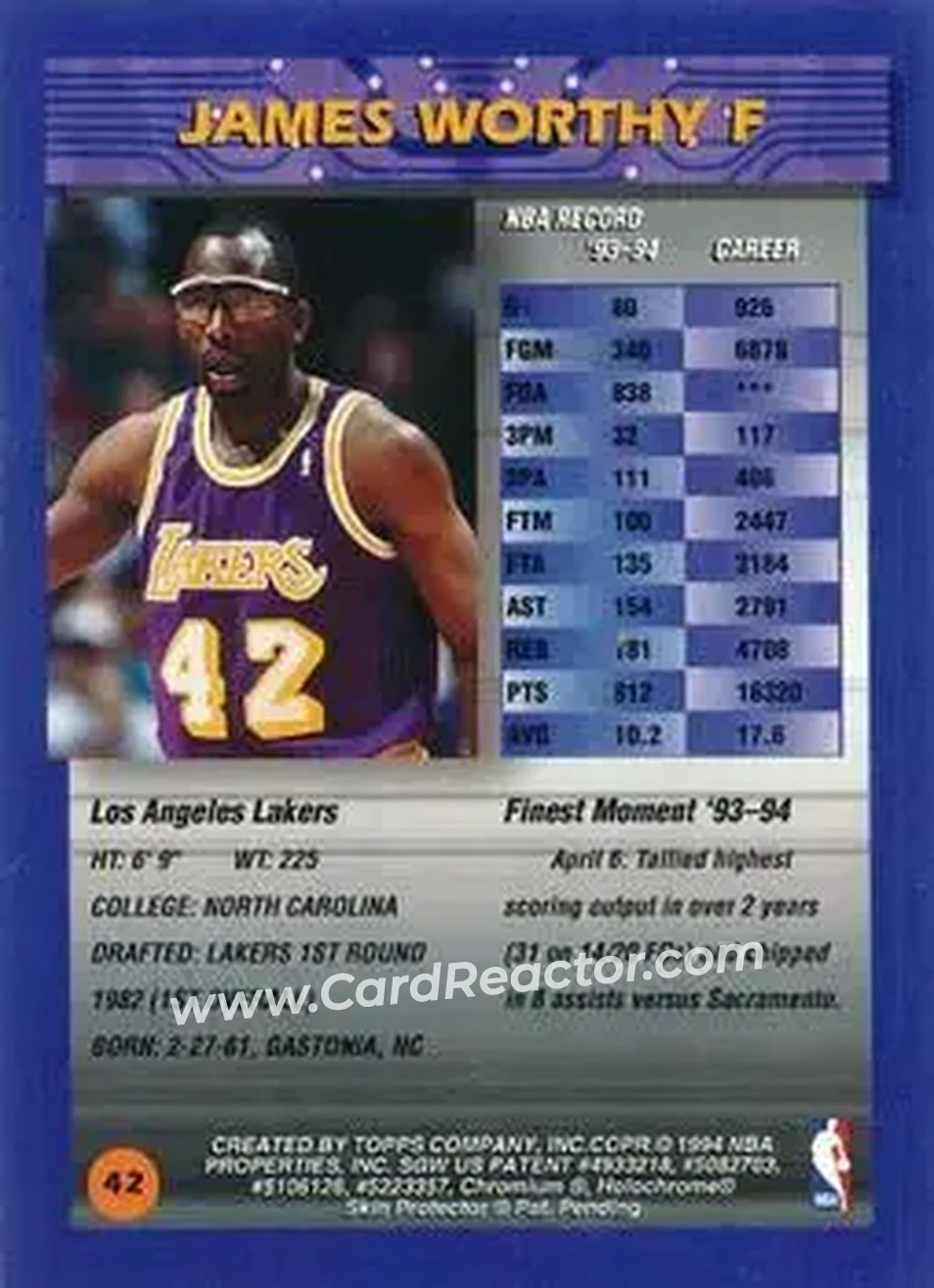 1994-95 Finest - Refractors #42 - James Worthy - Los Angeles Lakers - Back