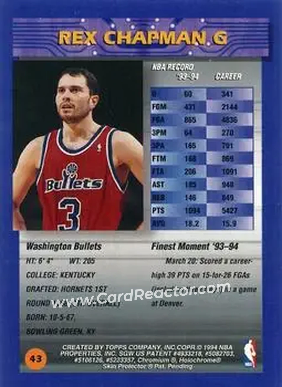 1994-95 Finest - Refractors #43 - Rex Chapman - Washington Bullets - Back 1994-95 Finest - Refractors #43 - Rex Chapman - Washington Bullets - Back
