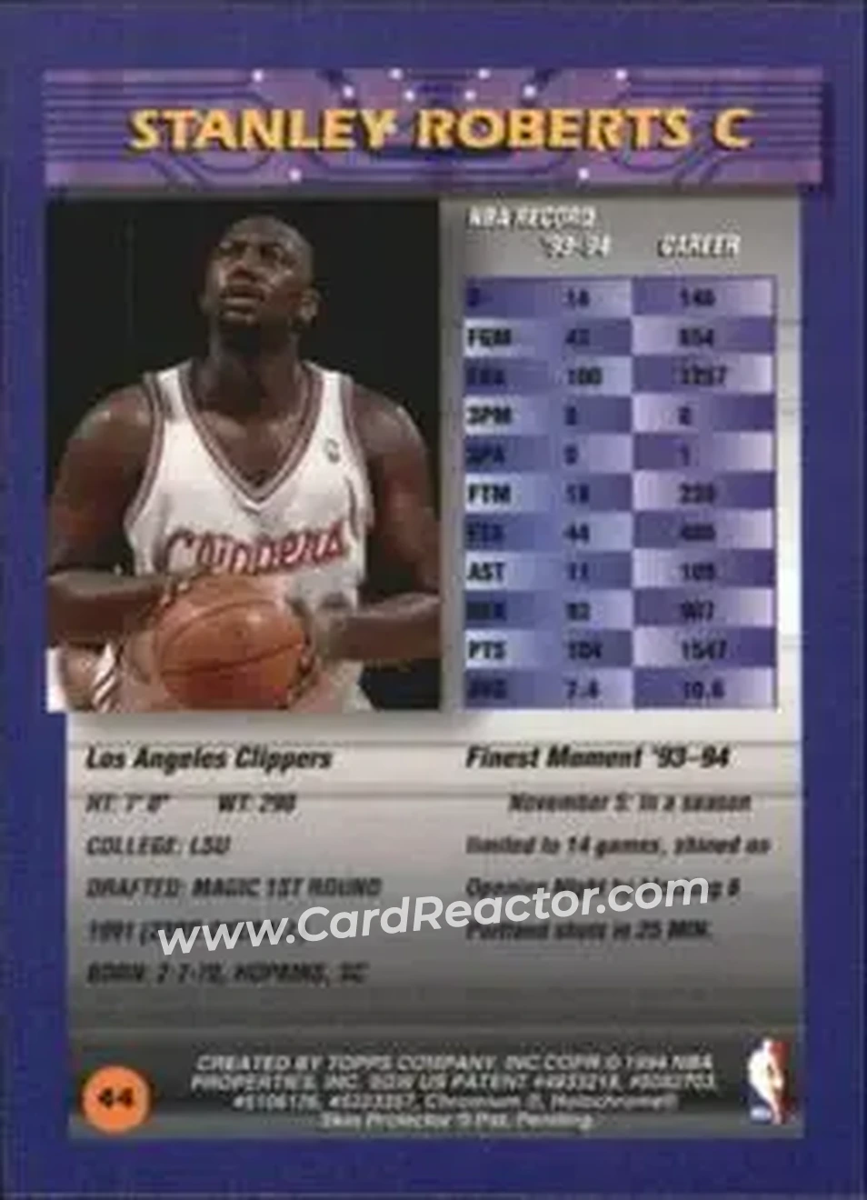 1994-95 Finest - Refractors #44 - Stanley Roberts - Los Angeles Clippers - Back 1994-95 Finest - Refractors #44 - Stanley Roberts - Los Angeles Clippers - Back