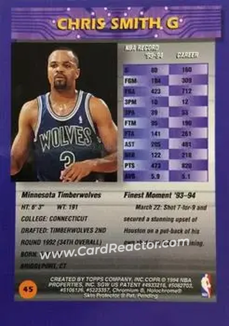 1994-95 Finest - Refractors #45 - Chris Smith - Minnesota Timberwolves - Back