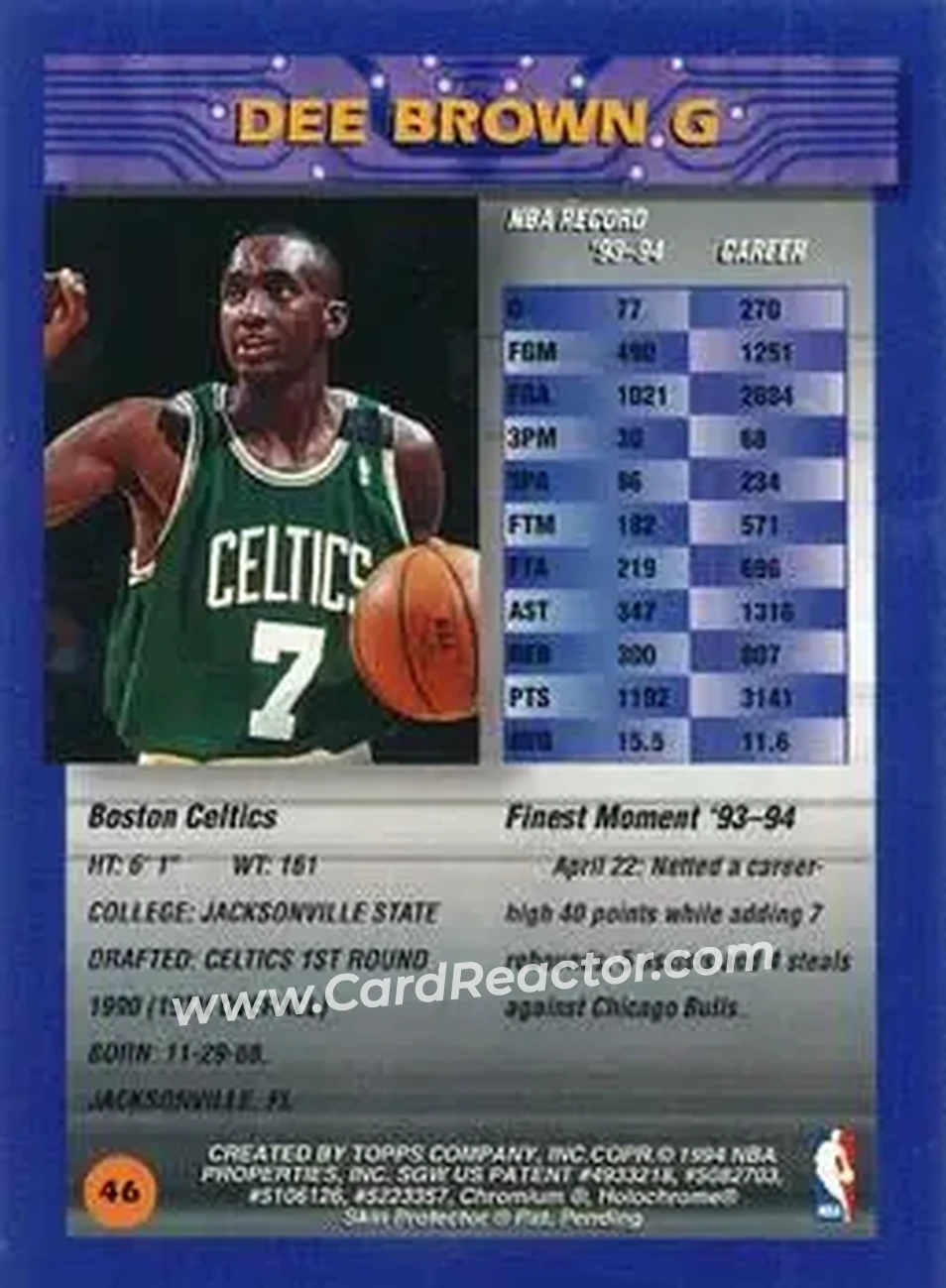 1994-95 Finest - Refractors #46 - Dee Brown - Boston Celtics - Back