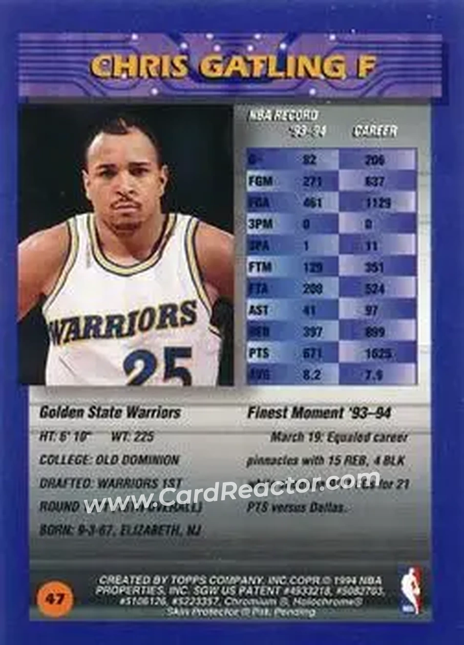 1994-95 Finest - Refractors #47 - Chris Gatling - Golden State Warriors - Back 1994-95 Finest - Refractors #47 - Chris Gatling - Golden State Warriors - Back