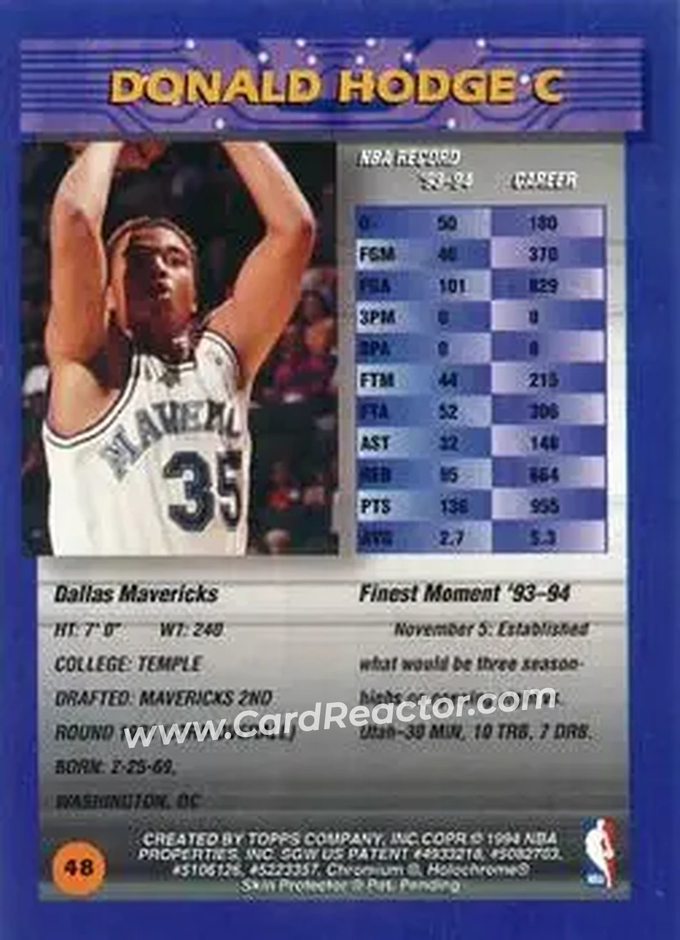 1994-95 Finest - Refractors #48 - Donald Hodge - Dallas Mavericks - Back