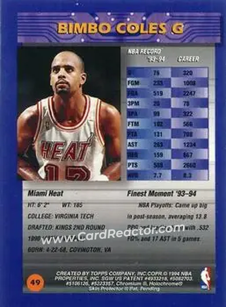 1994-95 Finest - Refractors #49 - Bimbo Coles - Miami Heat - Back 1994-95 Finest - Refractors #49 - Bimbo Coles - Miami Heat - Back