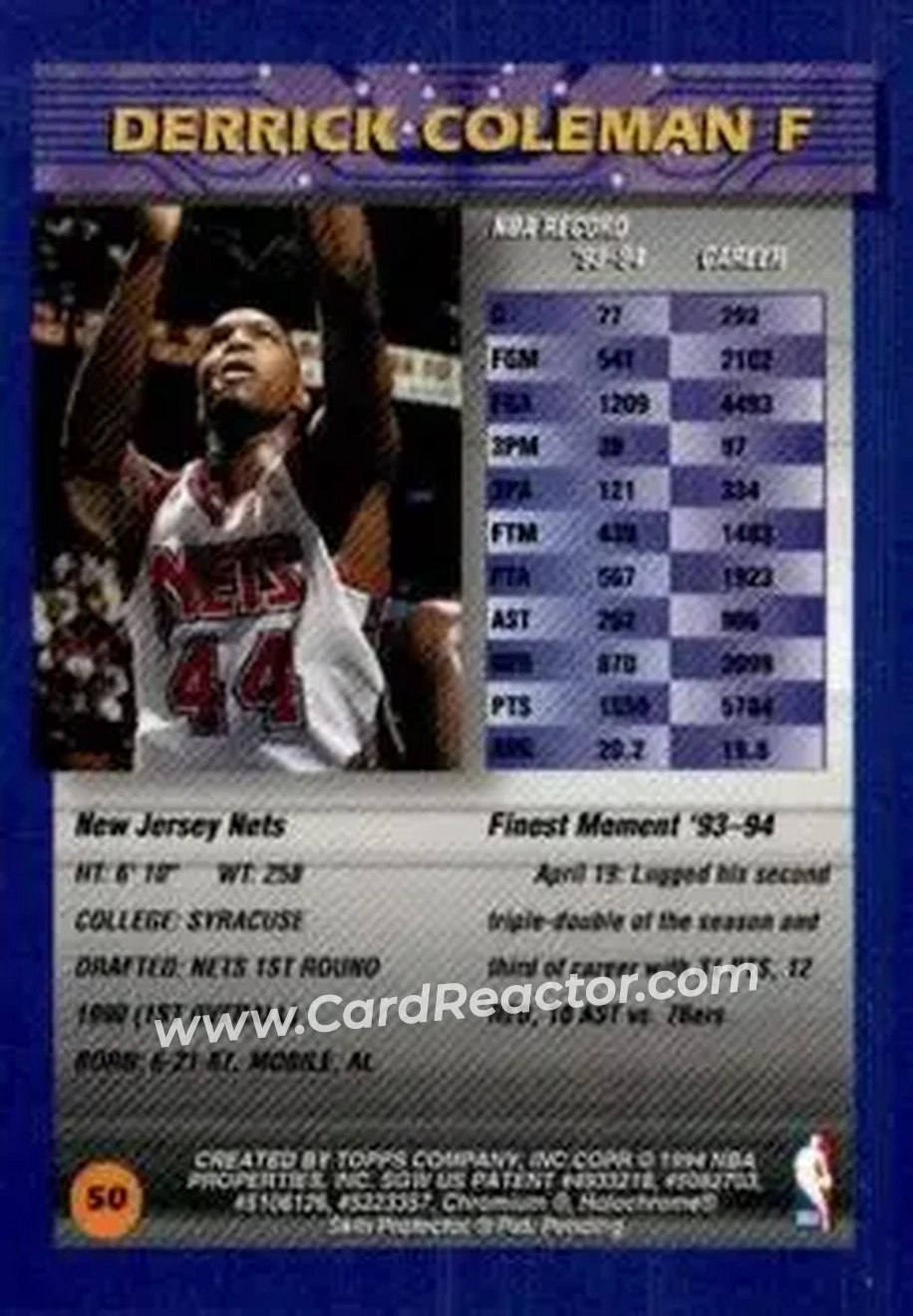1994-95 Finest - Refractors #50 - Derrick Coleman - New Jersey Nets - Back 1994-95 Finest - Refractors #50 - Derrick Coleman - New Jersey Nets - Back
