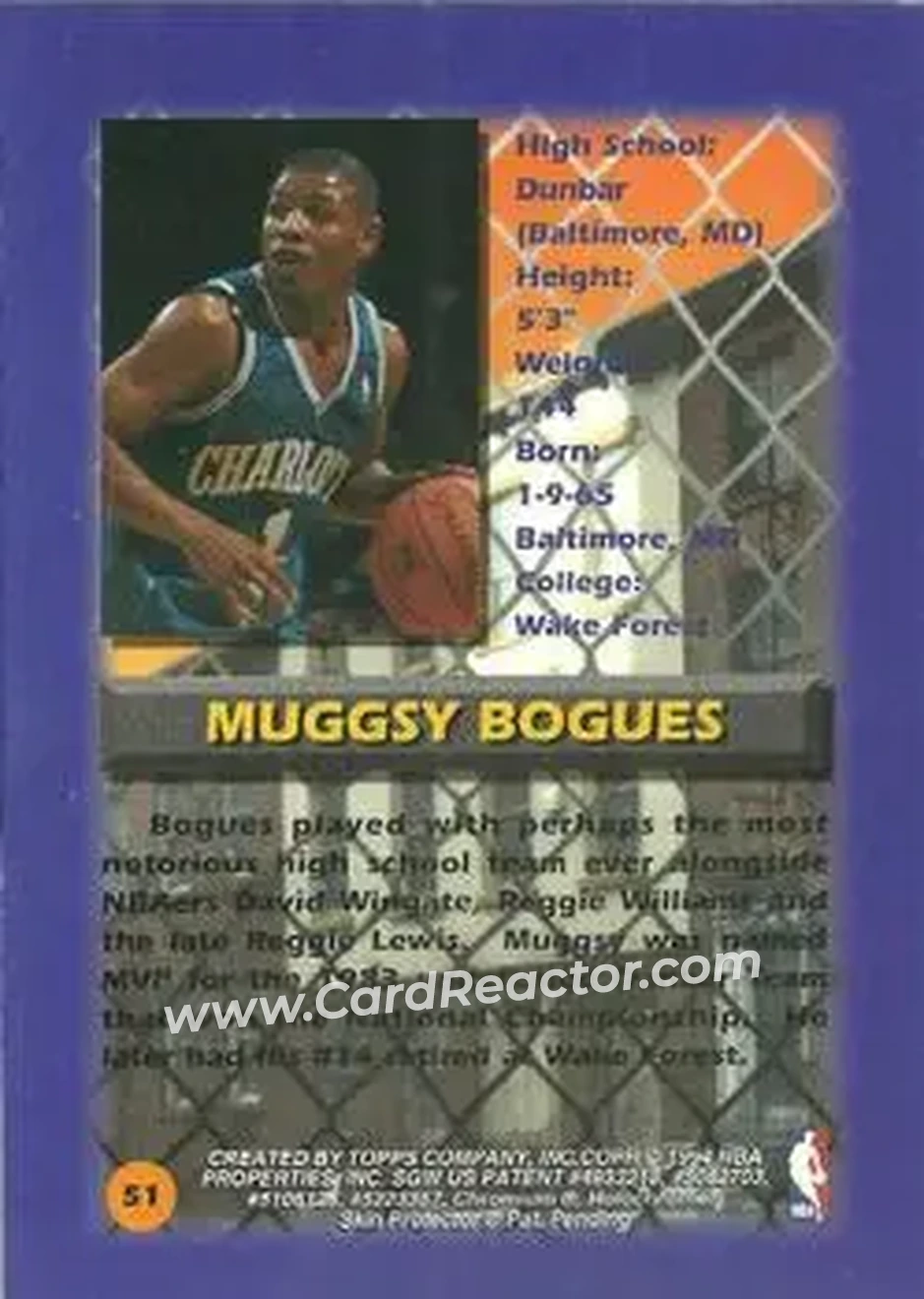 1994-95 Finest - Refractors #51 - Muggsy Bogues - Charlotte Hornets - Back 1994-95 Finest - Refractors #51 - Muggsy Bogues - Charlotte Hornets - Back
