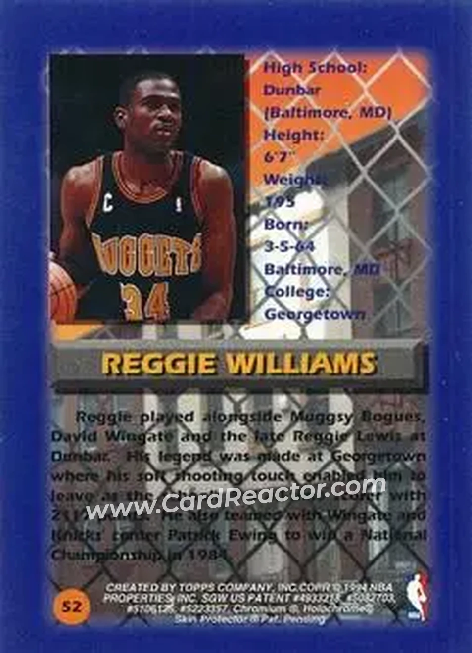 1994-95 Finest - Refractors #52 - Reggie WIlliams - Denver Nuggets - Back 1994-95 Finest - Refractors #52 - Reggie WIlliams - Denver Nuggets - Back