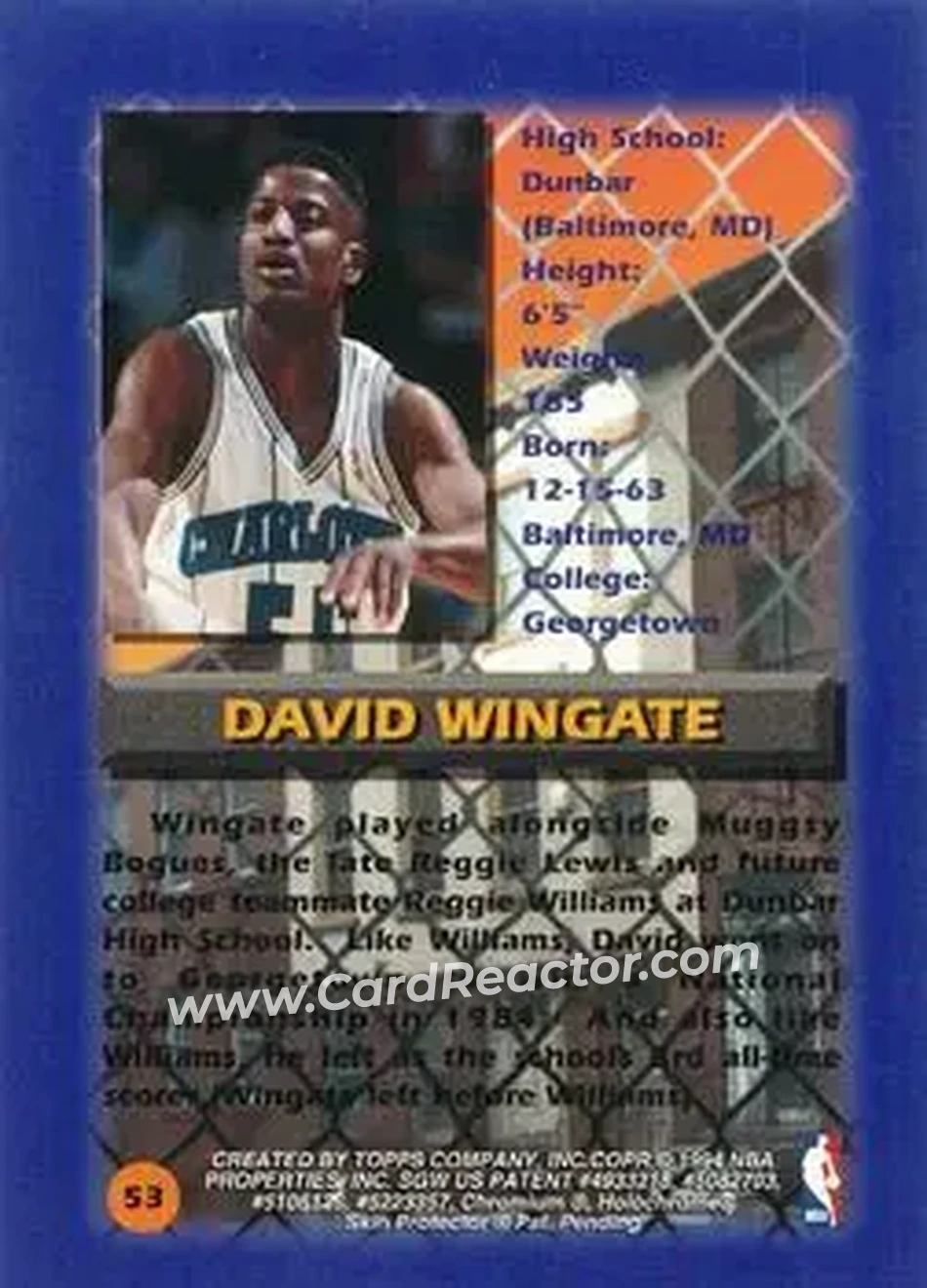 1994-95 Finest - Refractors #53 - David Wingate - Charlotte Hornets - Back 1994-95 Finest - Refractors #53 - David Wingate - Charlotte Hornets - Back