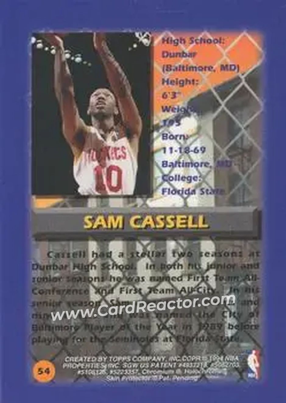 1994-95 Finest - Refractors #54 - Sam Cassell - Houston Rockets - Back 1994-95 Finest - Refractors #54 - Sam Cassell - Houston Rockets - Back