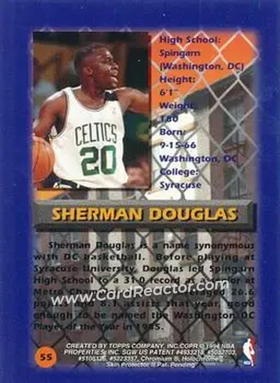 1994-95 Finest - Refractors #55 - Sherman Douglas - Boston Celtics - Back 1994-95 Finest - Refractors #55 - Sherman Douglas - Boston Celtics - Back
