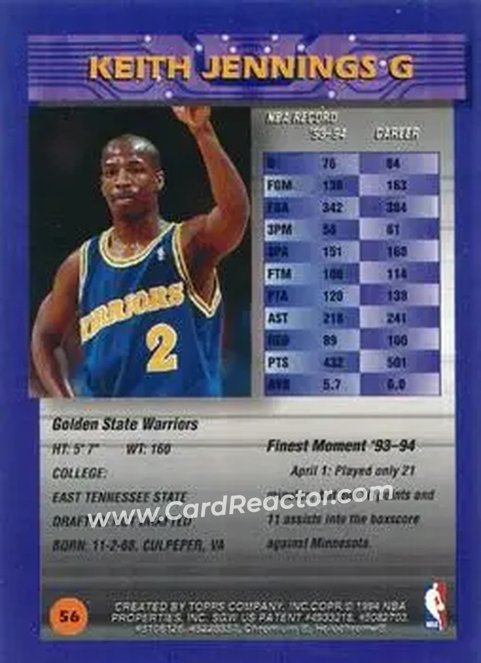 1994-95 Finest - Refractors #56 - Keith Jennings - Golden State Warriors - Back 1994-95 Finest - Refractors #56 - Keith Jennings - Golden State Warriors - Back