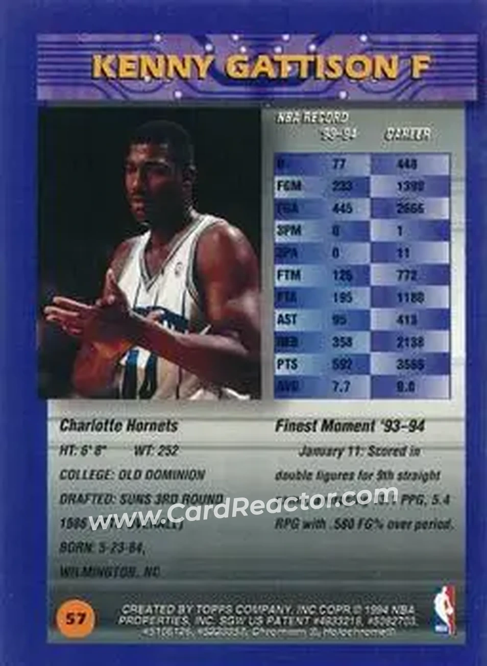 1994-95 Finest - Refractors #57 - Kenny Gattison - Charlotte Hornets - Back