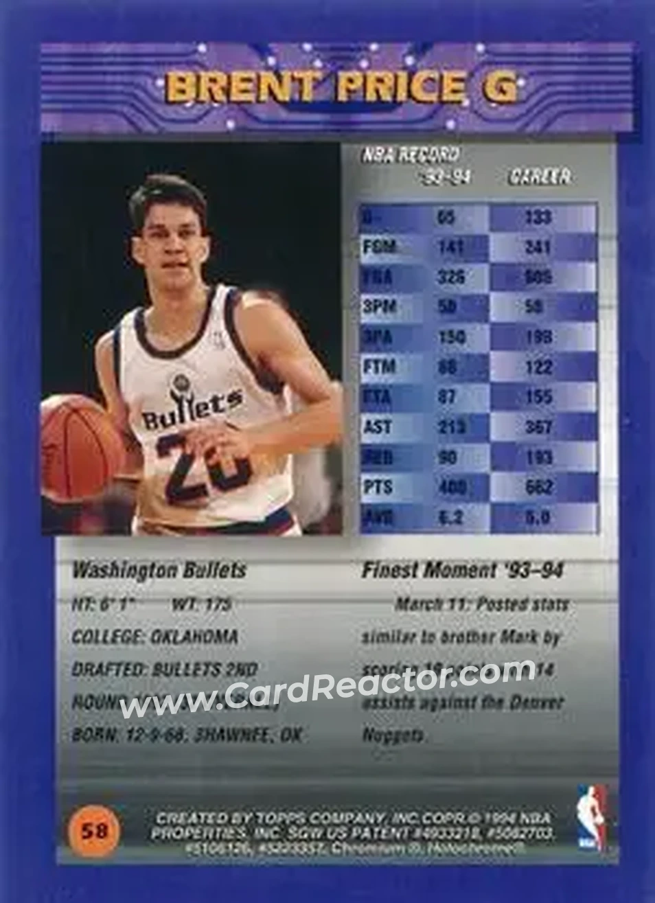 1994-95 Finest - Refractors #58 - Brent Price - Washington Bullets - Back