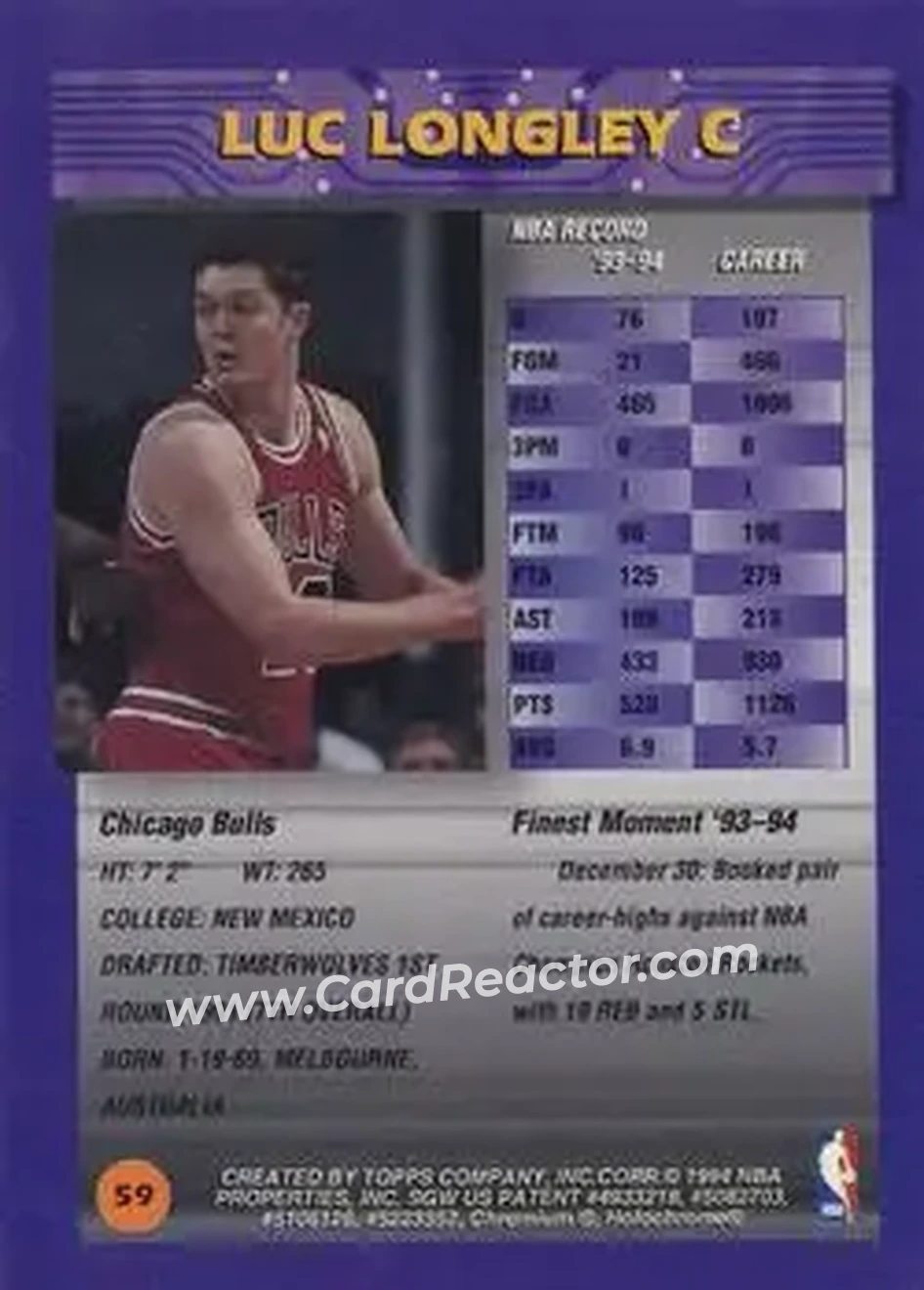 1994-95 Finest - Refractors #59 - Luc Longley - Chicago Bulls - Back 1994-95 Finest - Refractors #59 - Luc Longley - Chicago Bulls - Back