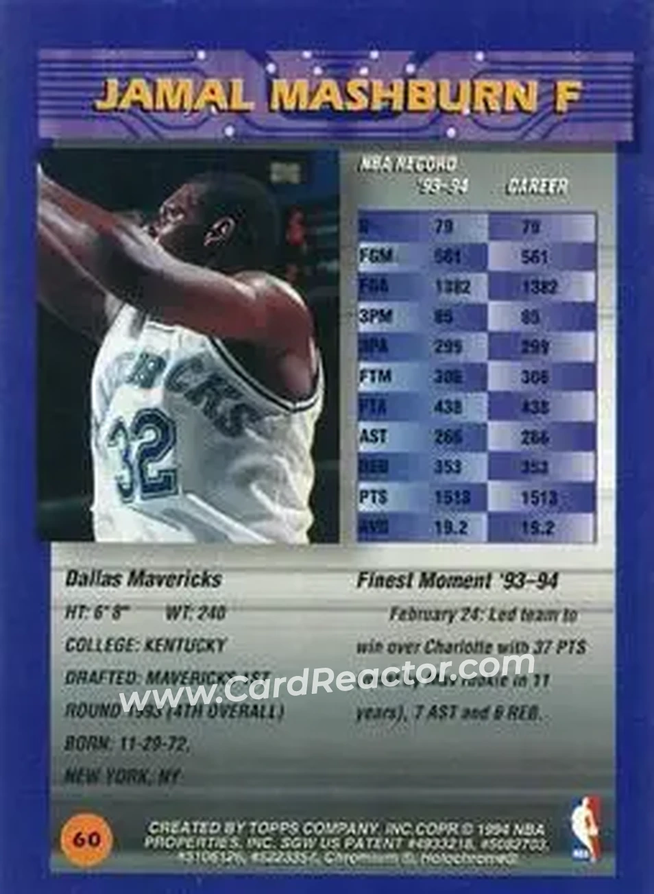 1994-95 Finest - Refractors #60 - Jamal Mashburn - Dallas Mavericks - Back 1994-95 Finest - Refractors #60 - Jamal Mashburn - Dallas Mavericks - Back