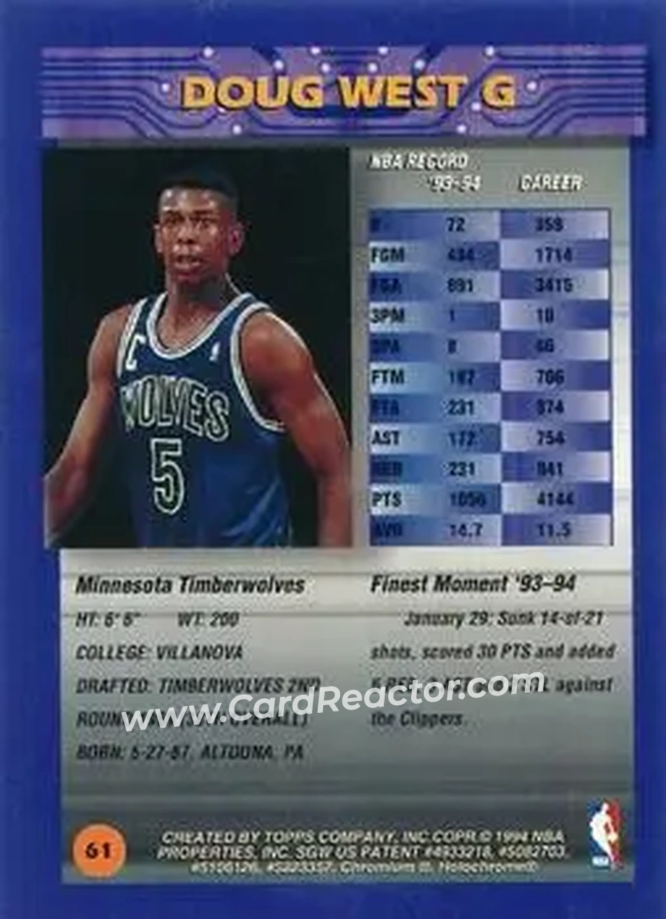 1994-95 Finest - Refractors #61 - Doug West - Minnesota Timberwolves - Back