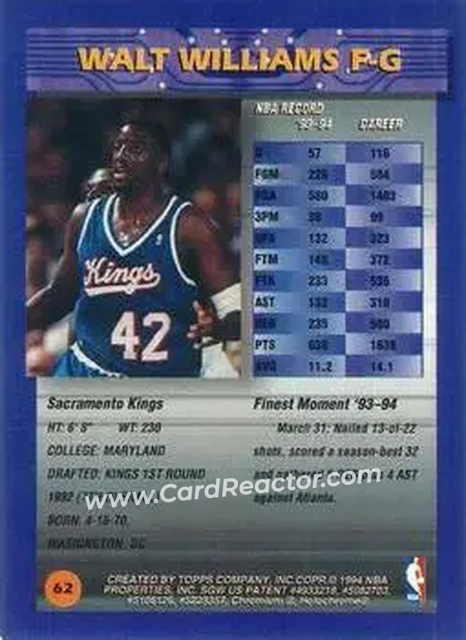 1994-95 Finest - Refractors #62 - Walt Williams - Sacramento Kings - Back
