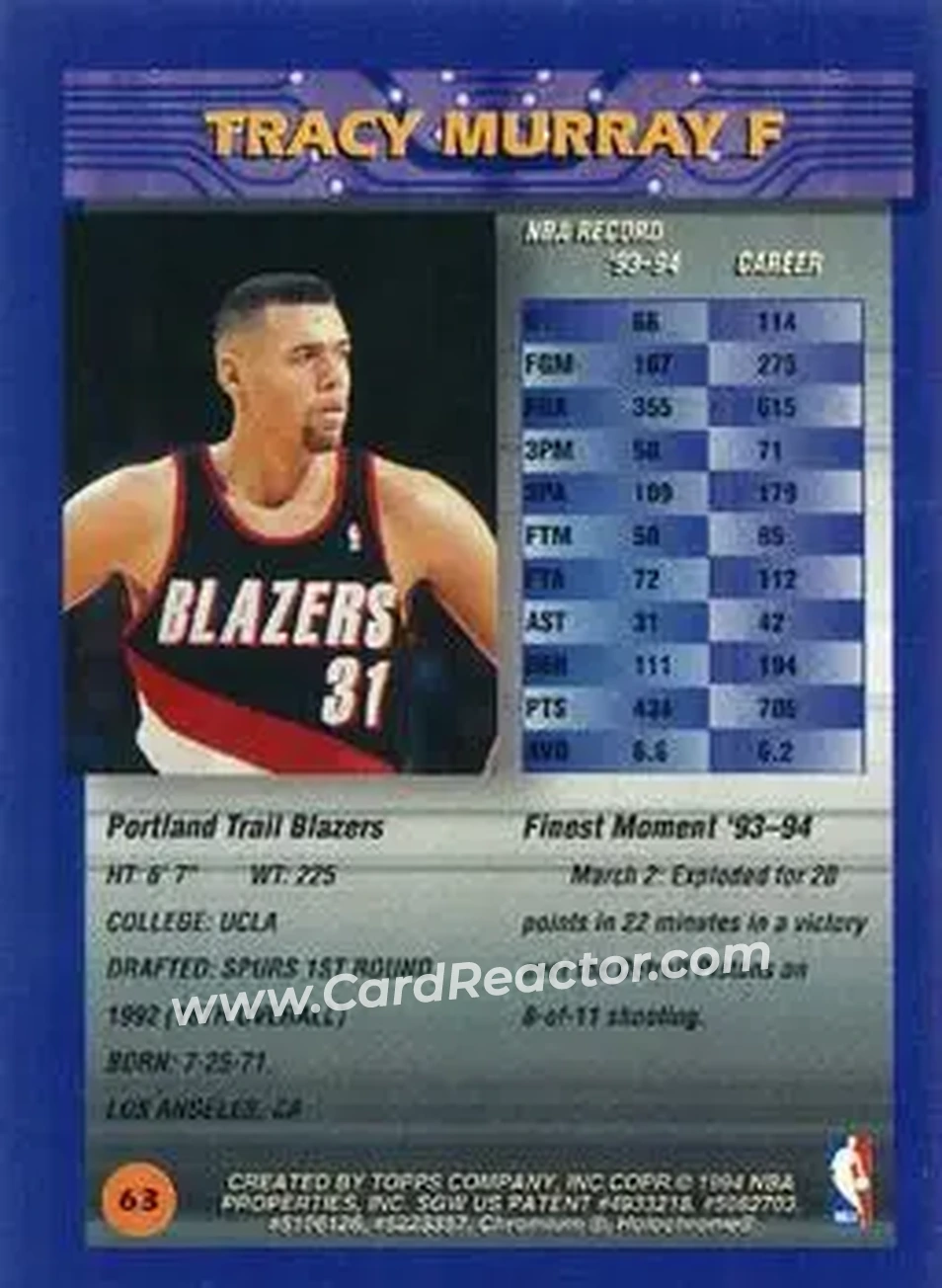 1994-95 Finest - Refractors #63 - Tracy Murray - Portland Trail Blazers - Back