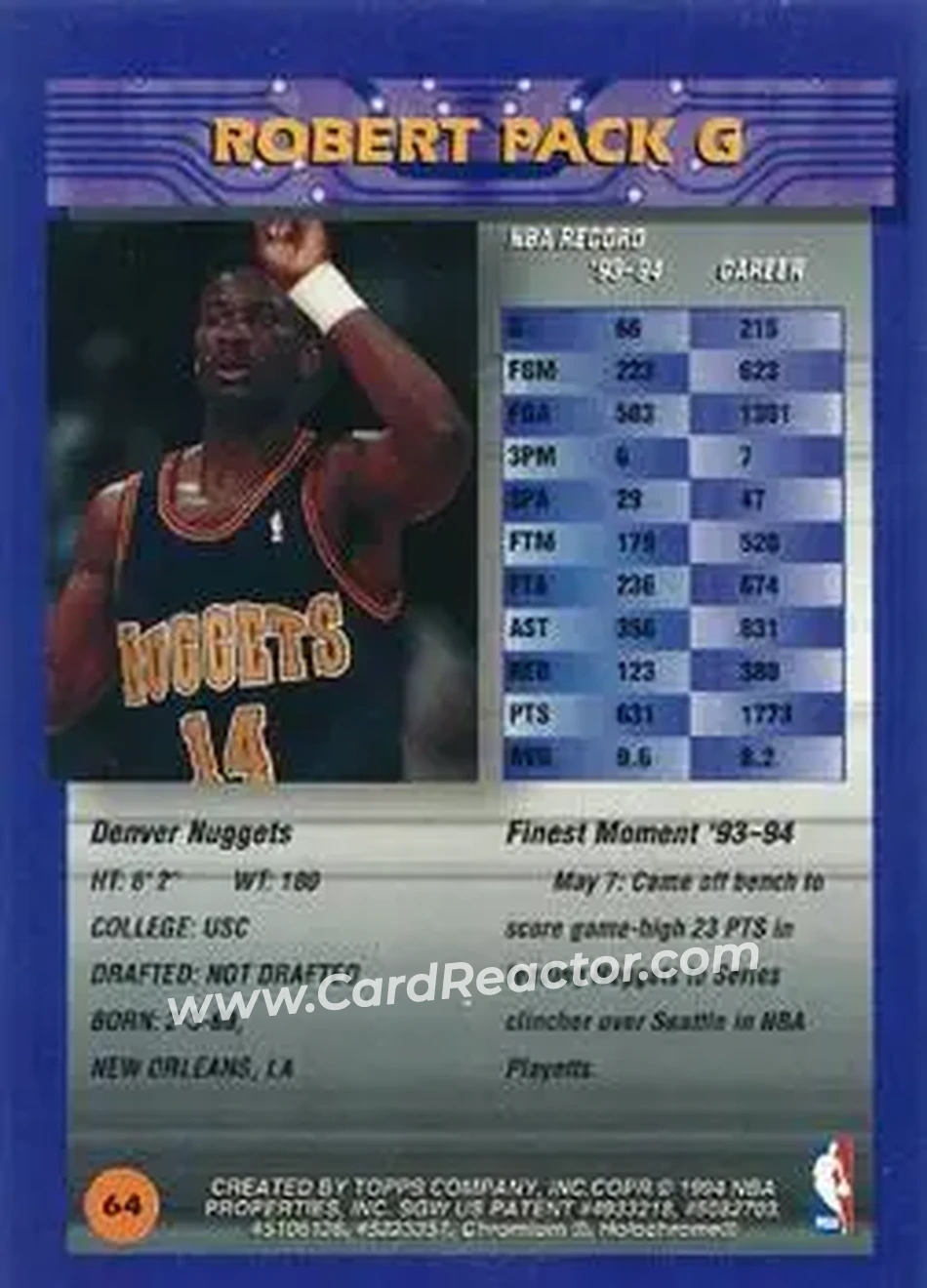 1994-95 Finest - Refractors #64 - Robert Pack - Denver Nuggets - Back