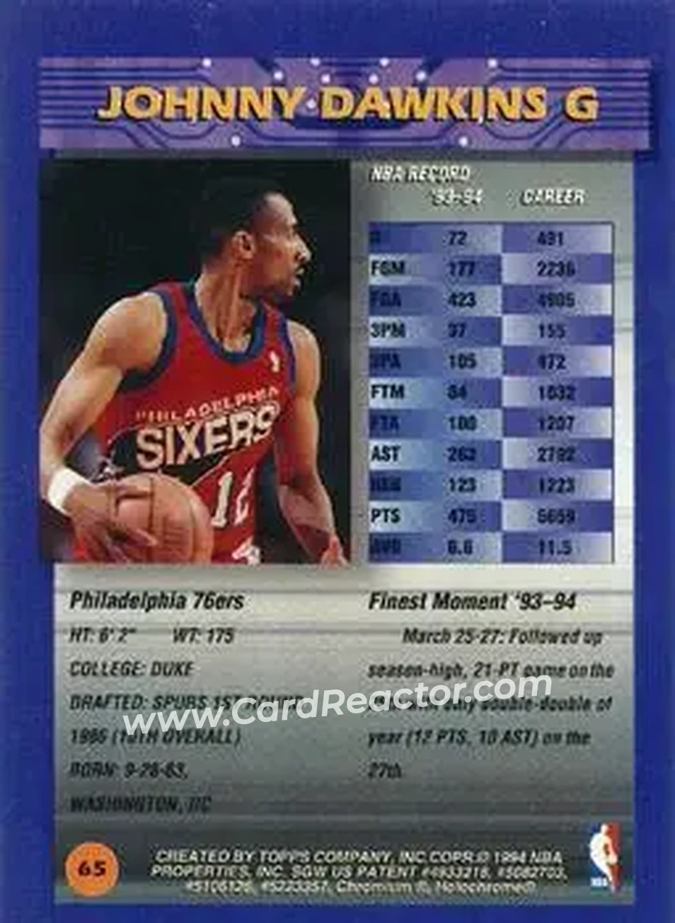 1994-95 Finest - Refractors #65 - Johnny Dawkins - Philadelphia 76ers - Back 1994-95 Finest - Refractors #65 - Johnny Dawkins - Philadelphia 76ers - Back