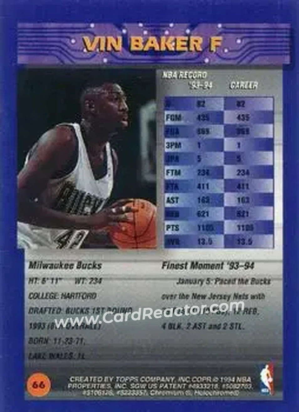 1994-95 Finest - Refractors #66 - Vin Baker - Milwaukee Bucks - Back