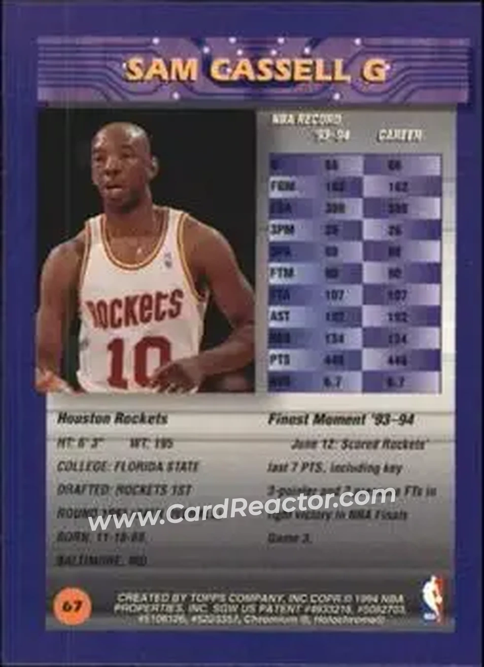 1994-95 Finest - Refractors #67 - Sam Cassell - Houston Rockets - Back