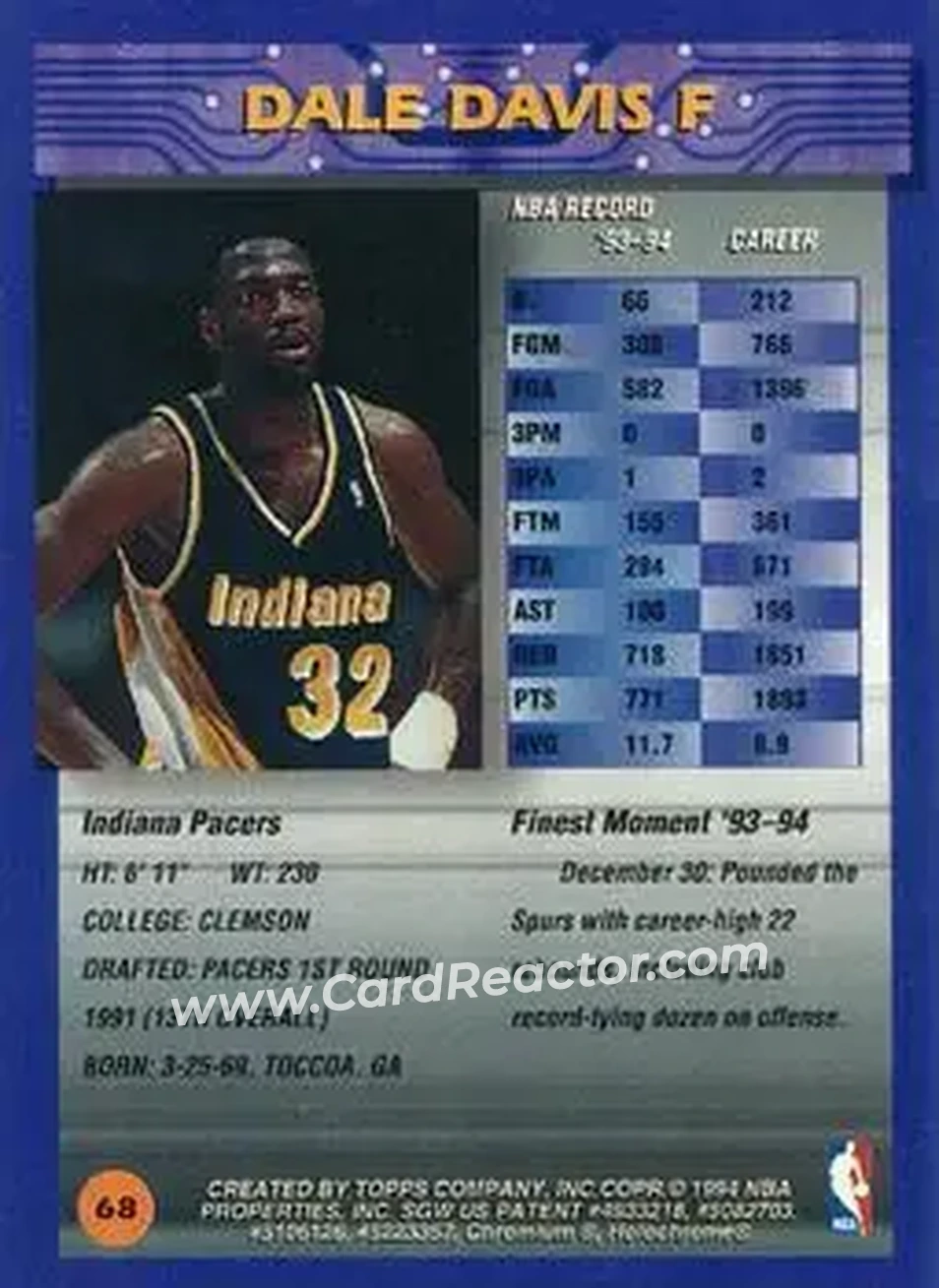 1994-95 Finest - Refractors #68 - Dale Davis - Indiana Pacers - Back