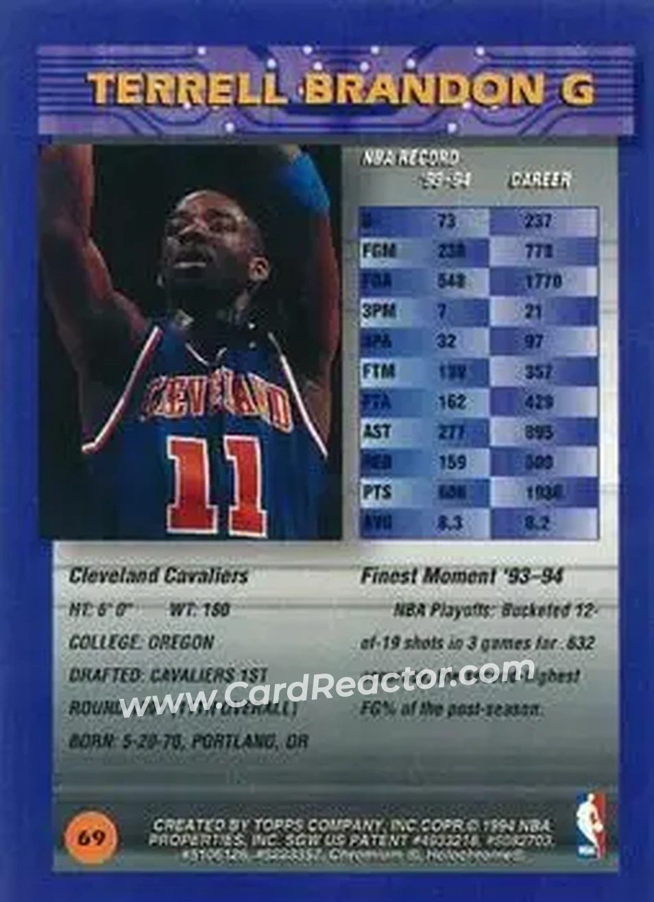 1994-95 Finest - Refractors #69 - Terrell Brandon - Cleveland Cavaliers - Back 1994-95 Finest - Refractors #69 - Terrell Brandon - Cleveland Cavaliers - Back