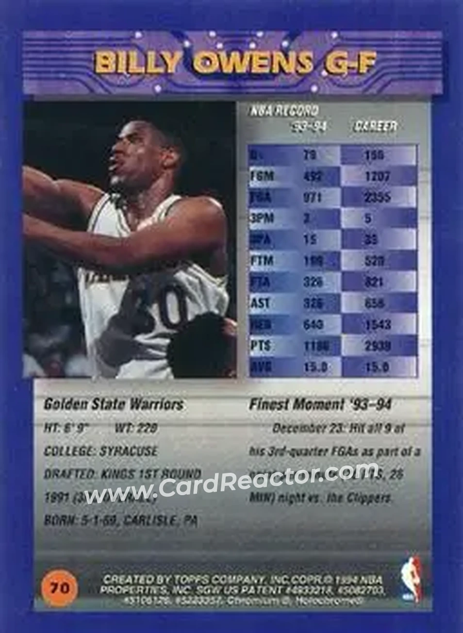 1994-95 Finest - Refractors #70 - Billy Owens - Golden State Warriors - Back 1994-95 Finest - Refractors #70 - Billy Owens - Golden State Warriors - Back