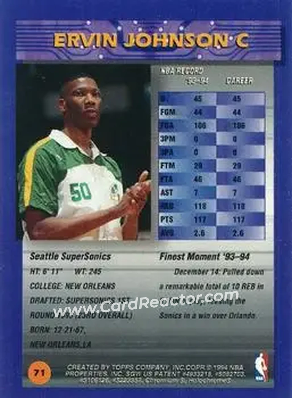 1994-95 Finest - Refractors #71 - Ervin Johnson - Seattle SuperSonics - Back 1994-95 Finest - Refractors #71 - Ervin Johnson - Seattle SuperSonics - Back