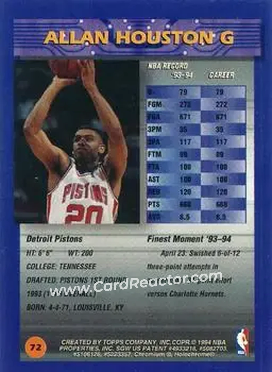 1994-95 Finest - Refractors #72 - Allan Houston - Detroit Pistons - Back 1994-95 Finest - Refractors #72 - Allan Houston - Detroit Pistons - Back