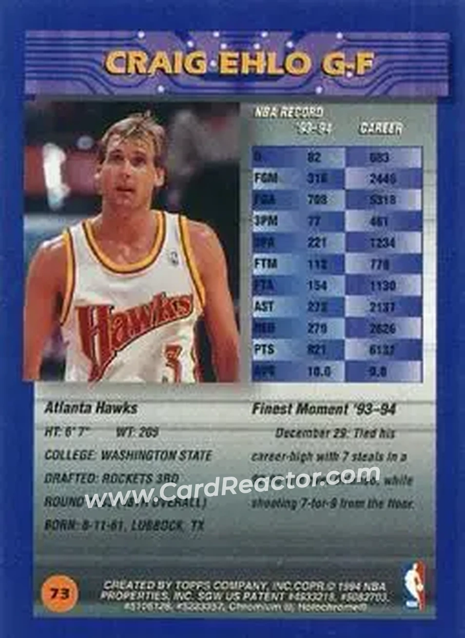 1994-95 Finest - Refractors #73 - Craig Ehlo - Atlanta Hawks - Back 1994-95 Finest - Refractors #73 - Craig Ehlo - Atlanta Hawks - Back