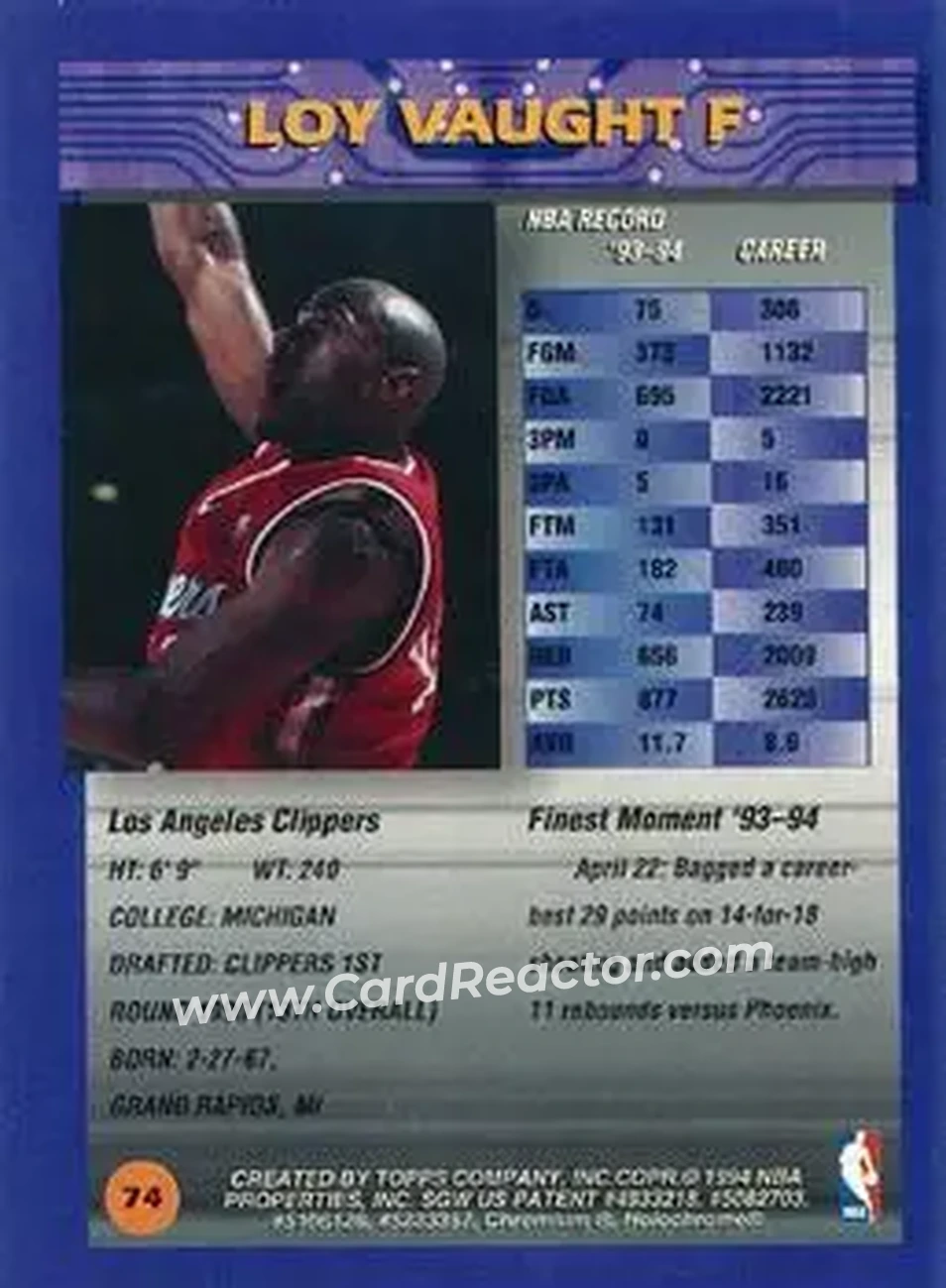 1994-95 Finest - Refractors #74 - Loy Vaught - Los Angeles Clippers - Back 1994-95 Finest - Refractors #74 - Loy Vaught - Los Angeles Clippers - Back