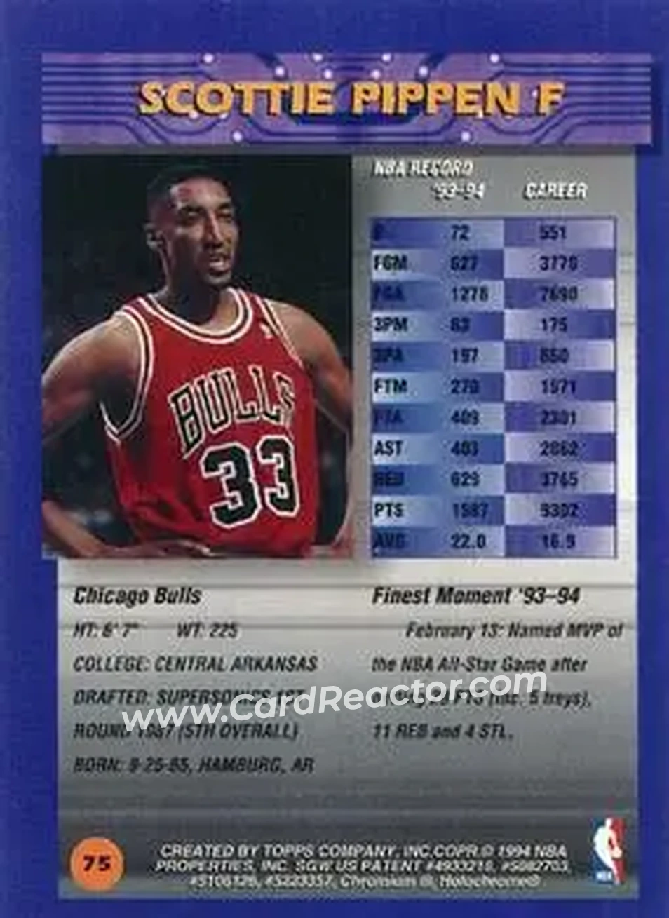 1994-95 Finest - Refractors #75 - Scottie Pippen - Chicago Bulls - Back 1994-95 Finest - Refractors #75 - Scottie Pippen - Chicago Bulls - Back