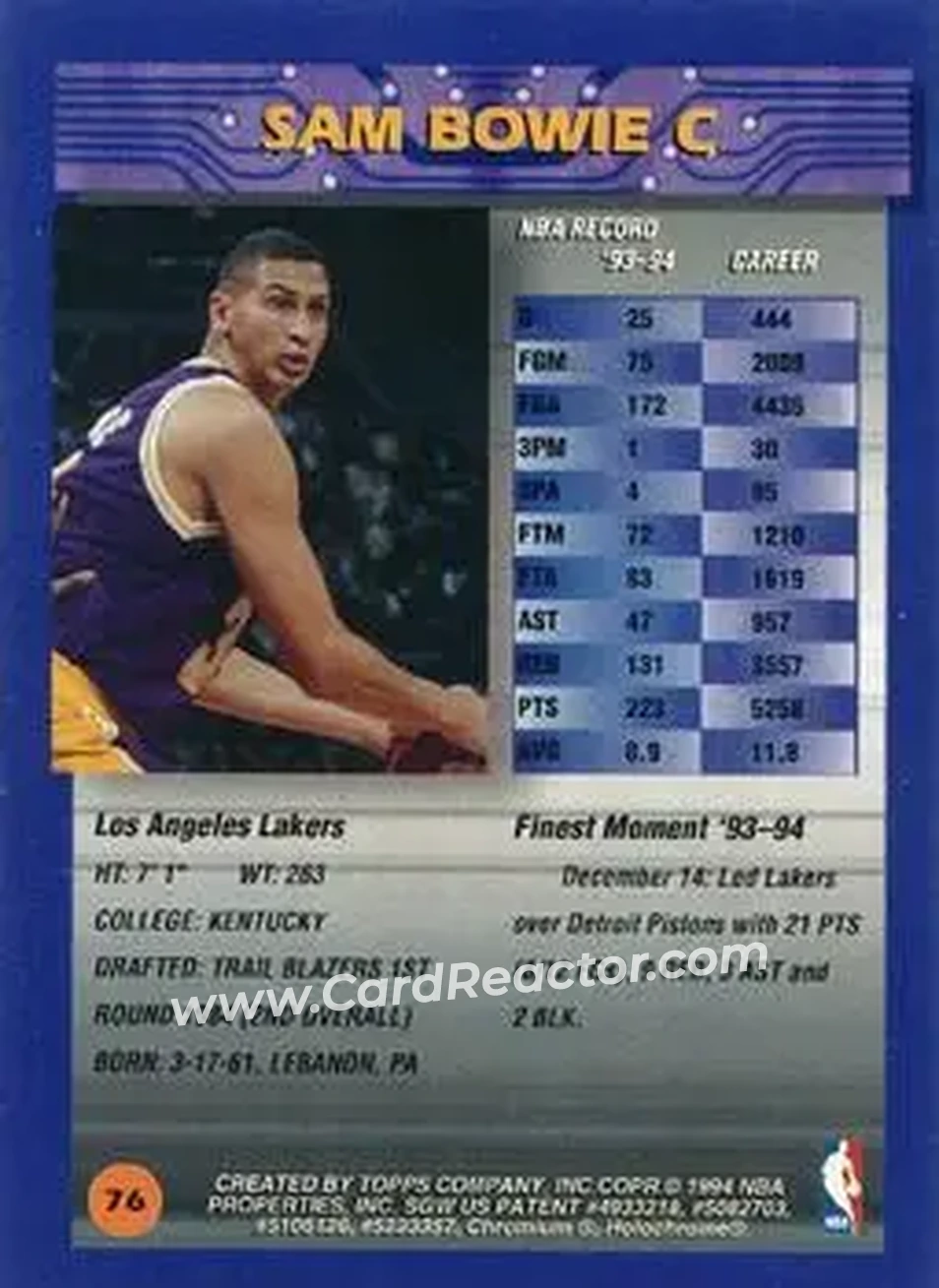 1994-95 Finest - Refractors #76 - Sam Bowie - Los Angeles Lakers - Back 1994-95 Finest - Refractors #76 - Sam Bowie - Los Angeles Lakers - Back