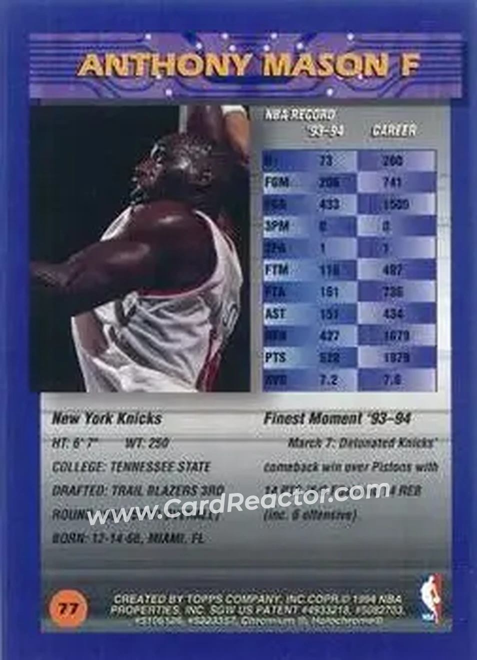 1994-95 Finest - Refractors #77 - Anthony Mason - New York Knicks - Back 1994-95 Finest - Refractors #77 - Anthony Mason - New York Knicks - Back
