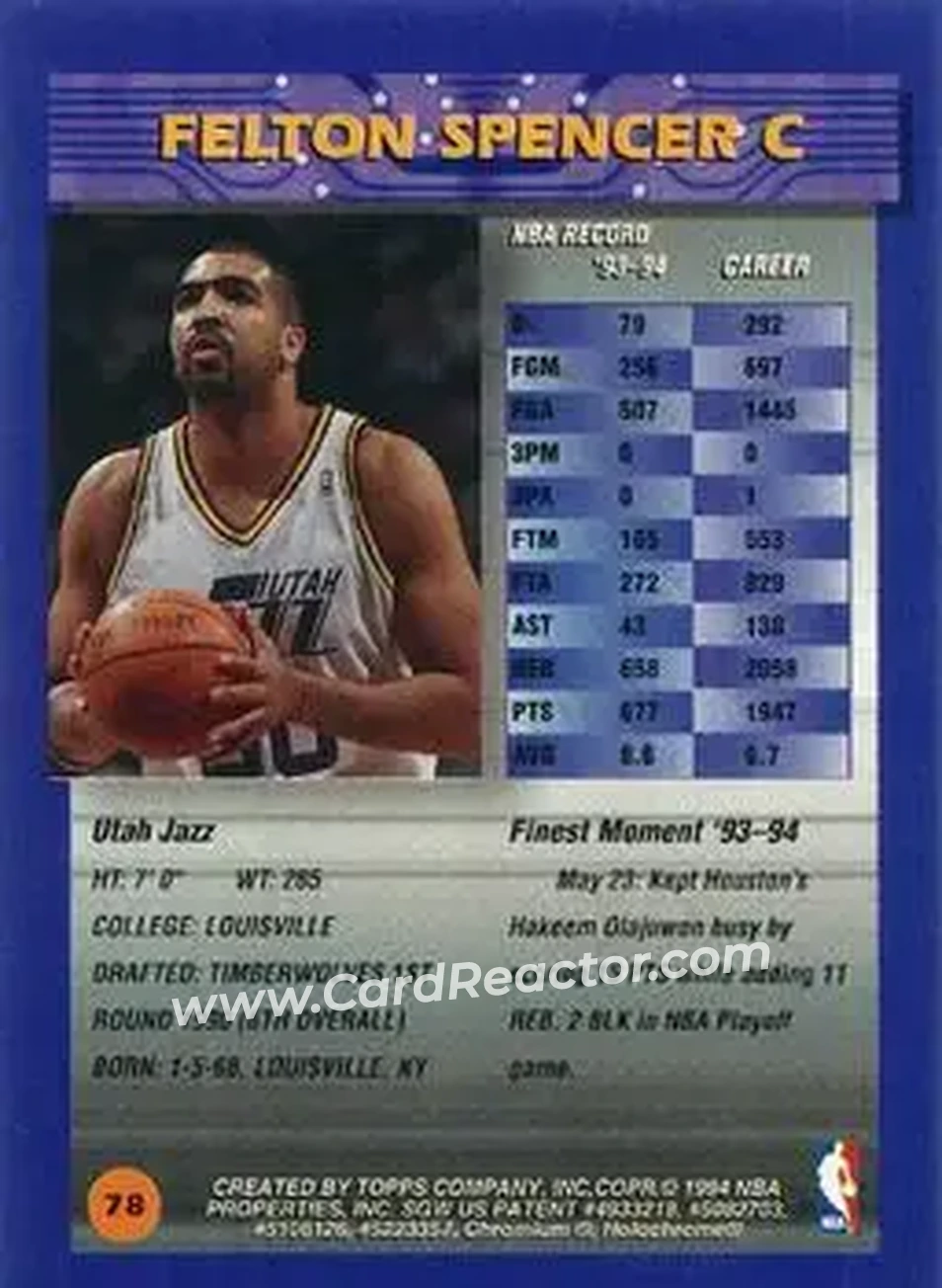 1994-95 Finest - Refractors #78 - Felton Spencer - Utah Jazz - Back 1994-95 Finest - Refractors #78 - Felton Spencer - Utah Jazz - Back