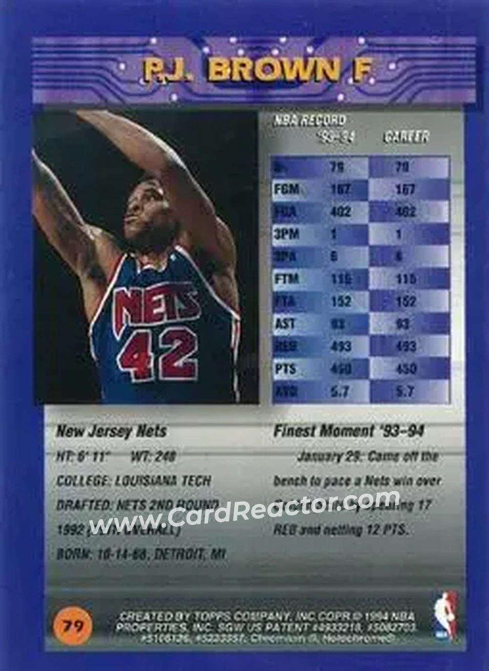 1994-95 Finest - Refractors #79 - P.J. Brown - New Jersey Nets - Back 1994-95 Finest - Refractors #79 - P.J. Brown - New Jersey Nets - Back